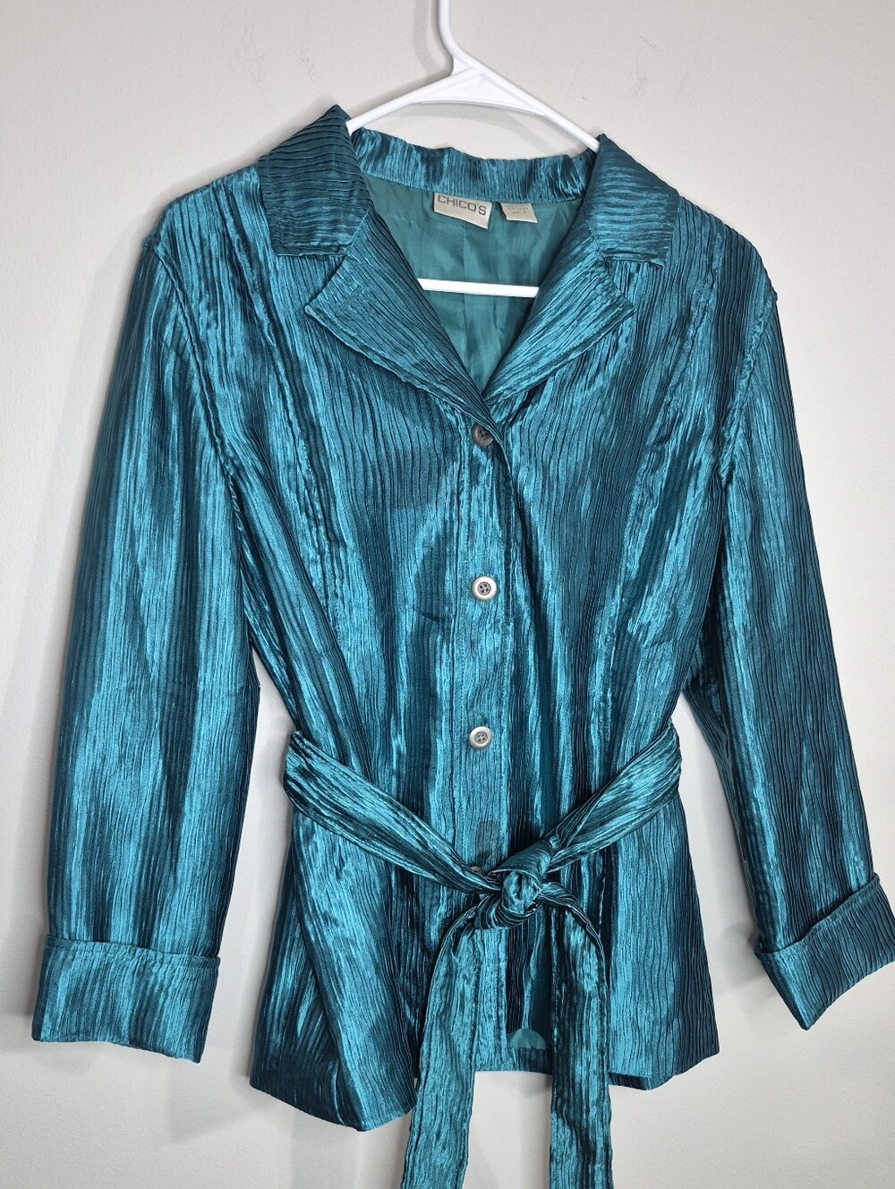 Chico's Teal Crinkle Button-Front Tie-Waist Jacket